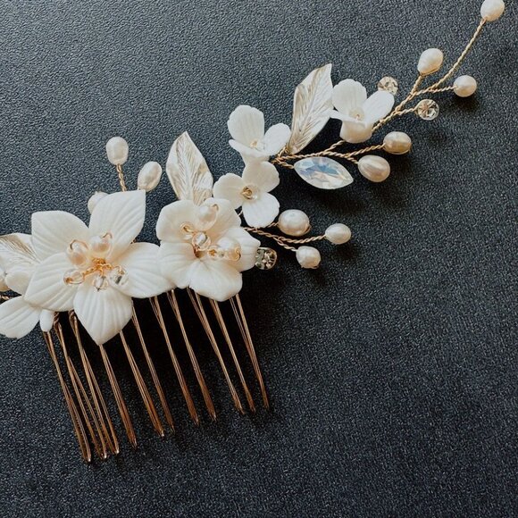 Bridal Pearl & Flower Hair Comb – Ivory Clay Floral Vine, Silver Accents - Picture 5 of 6